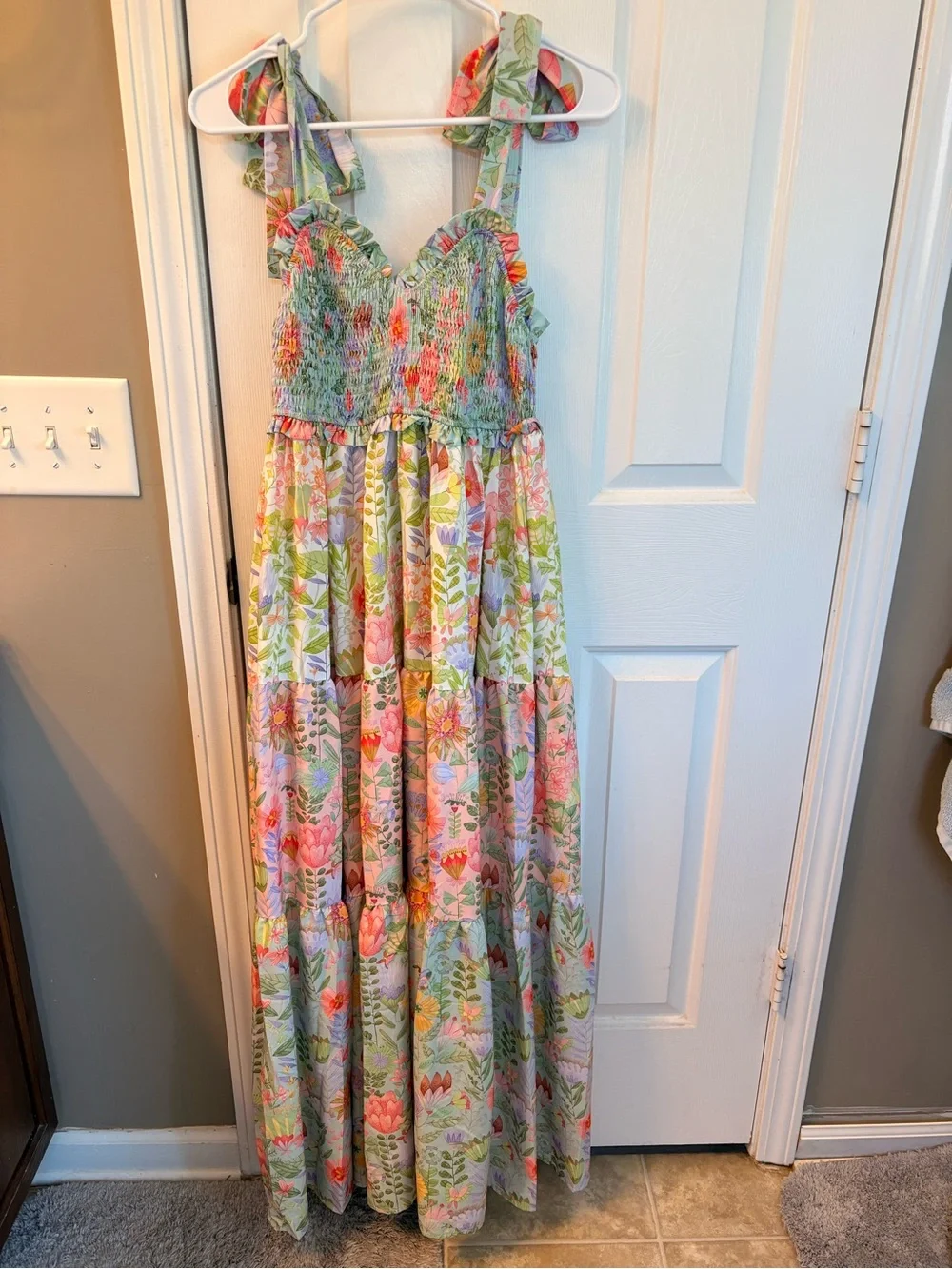 Floral Smocked Maxi Dress - Pink & Green Women’s Size S - Picture 2 of 8